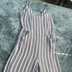 Striped Wide-Leg Jumpsuit in Blue and White Sleeveless with Pockets